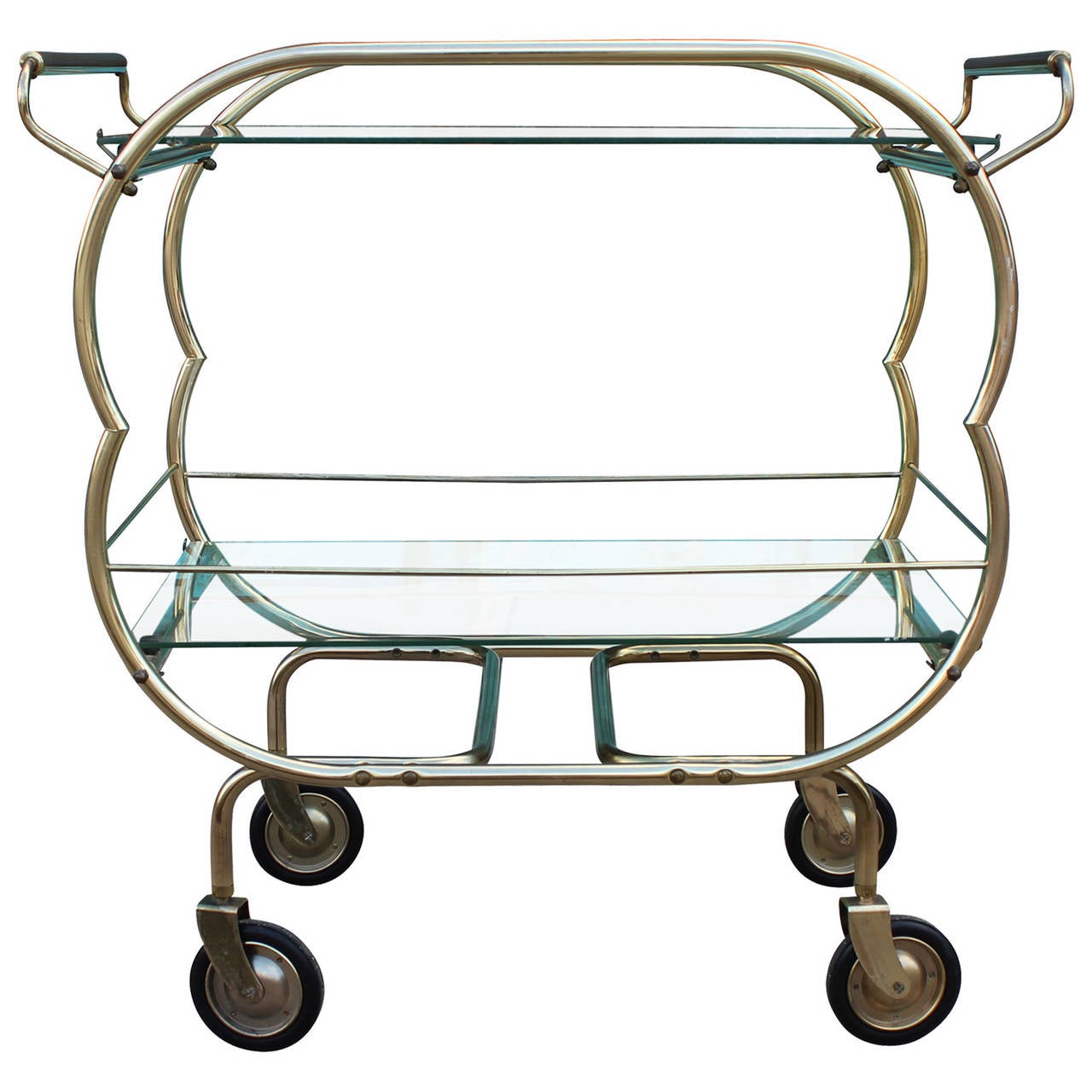 Charming brass tube and glass bar cart. In excellent vintage condition. Possibly Italian.