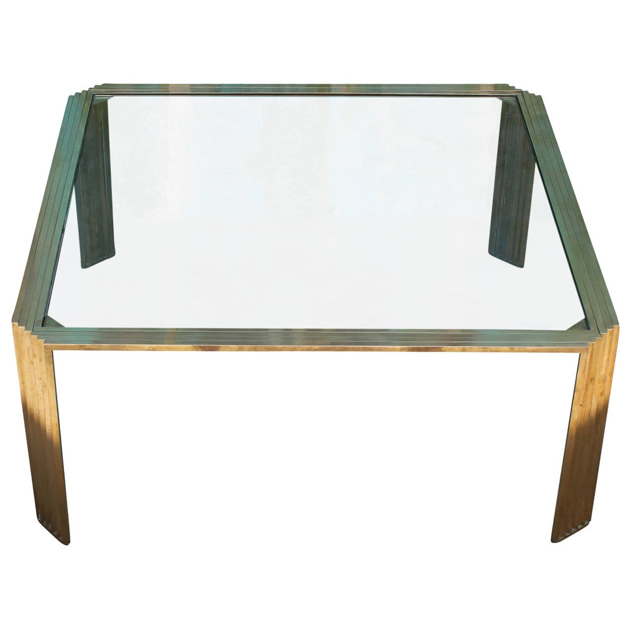 Italian Hollywood Regency Solid Brass Romeo Rega Style Square Table with Glass Top