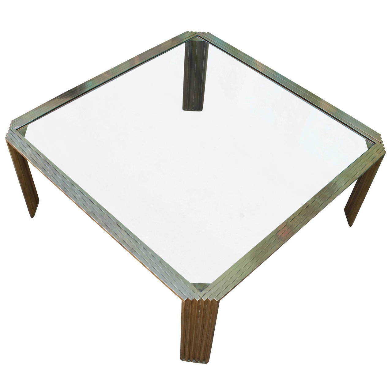 Hollywood Regency Solid Brass Romeo Rega Style Square Table with Glass Top In Excellent Condition In Houston, TX