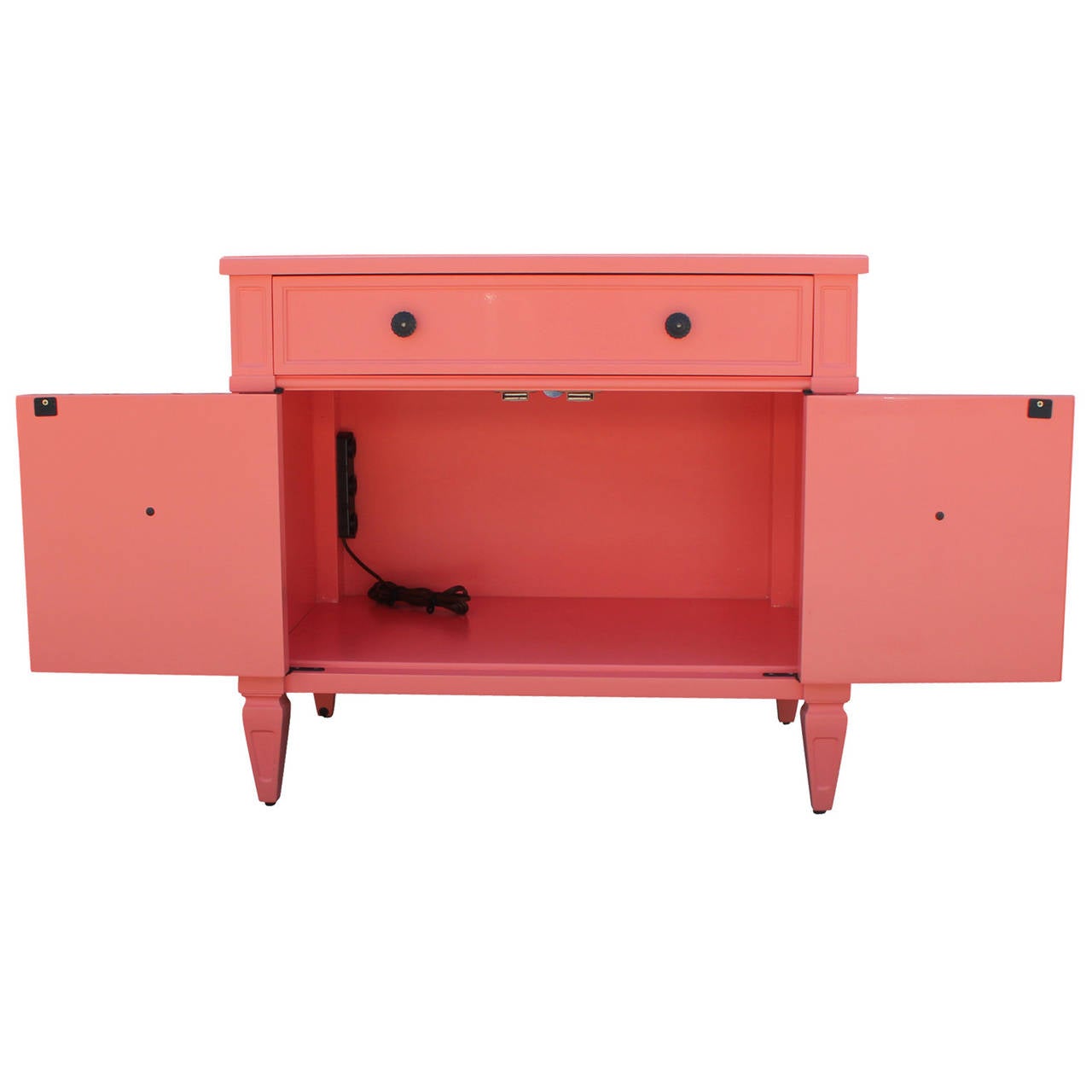 Hollywood Regency Pair of Coral Lacquered Night Stands
