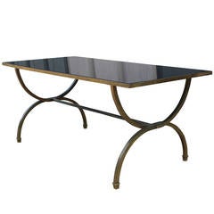 Hollywood Regency Style Black Glass and Brass Coffee Table