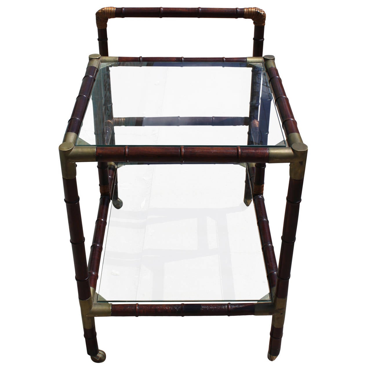 Hollywood Regency Faux Bamboo Campaign Style Brass Bar Cart In Excellent Condition In Houston, TX