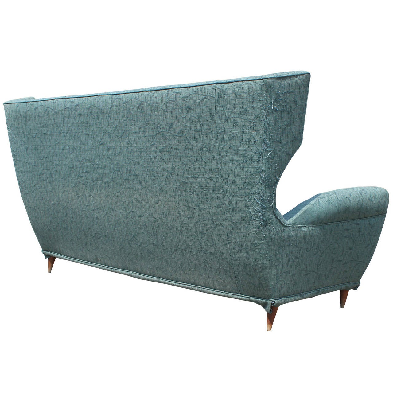 Sculptural Mid Century Modern Italian Wingback Sofa with Tapered Legs In Fair Condition In Houston, TX