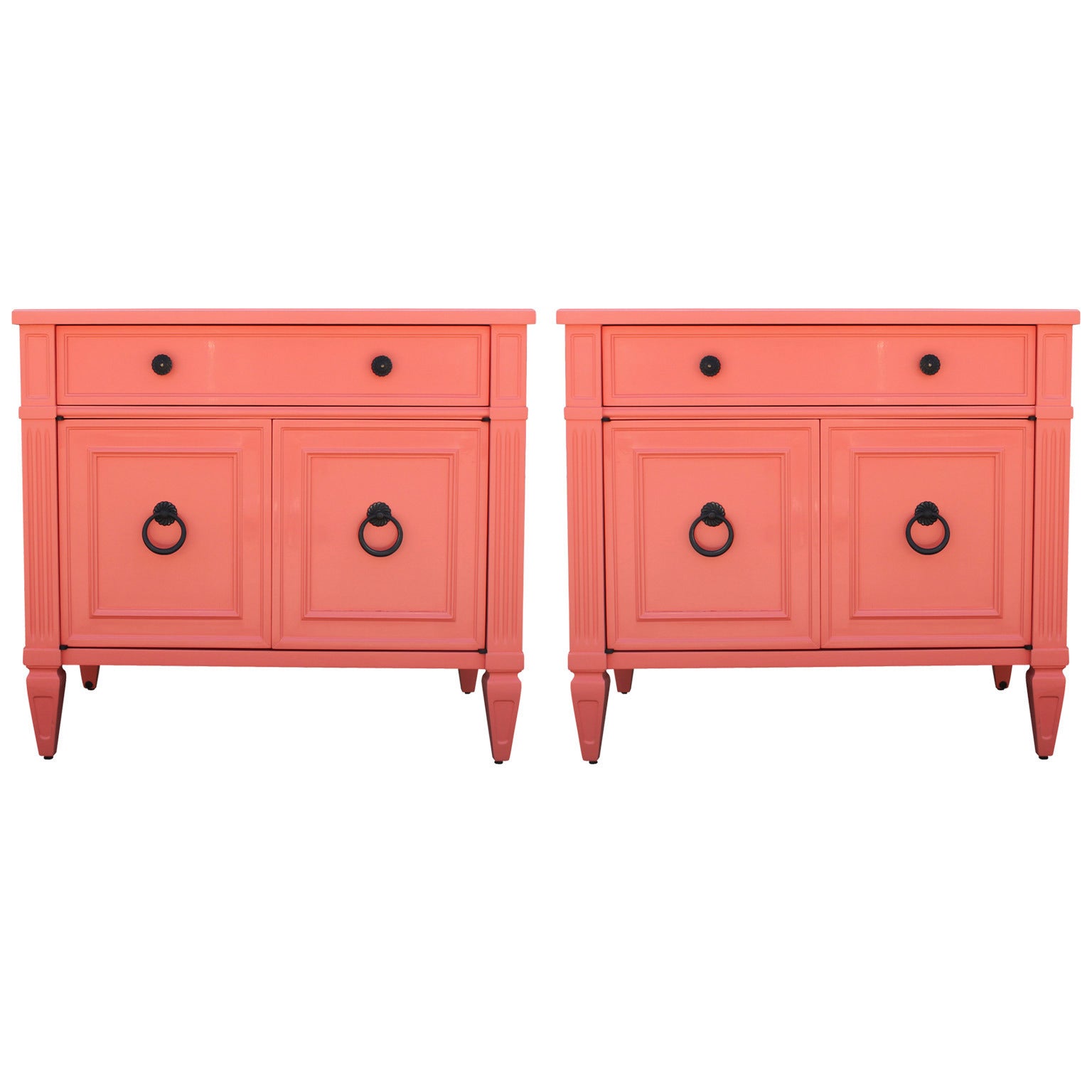 Pair of Coral Lacquered Night Stands