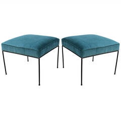 Pair of Paul McCobb Wrought Iron Stools in Teal Blue Velvet