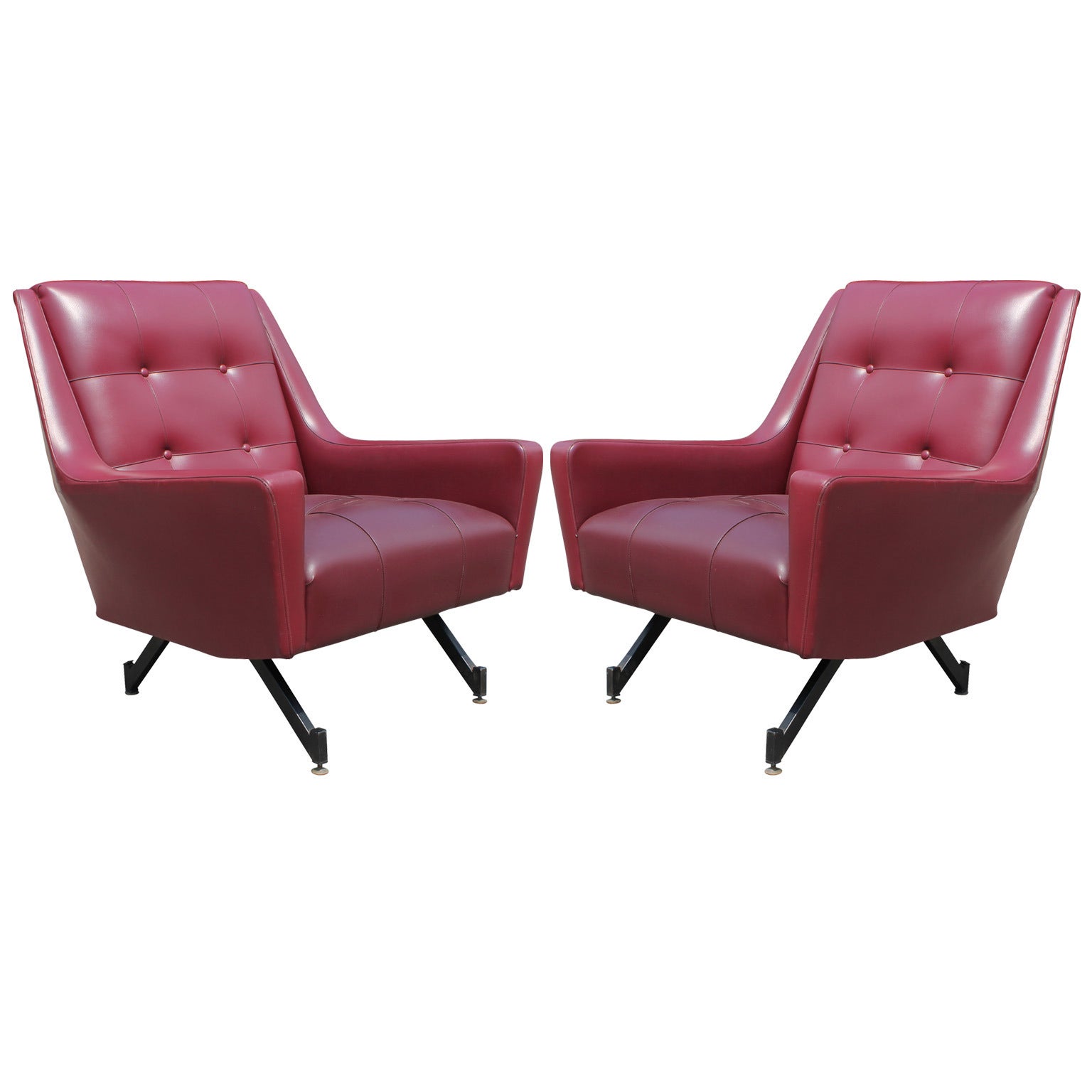 Pair of Mid Century Modern Italian Refd Leather Tufted Lounge Chairs