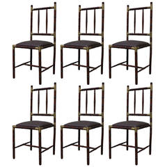 Vintage Modern Set of Six Faux Bamboo Dining Chairs with Brass Accents