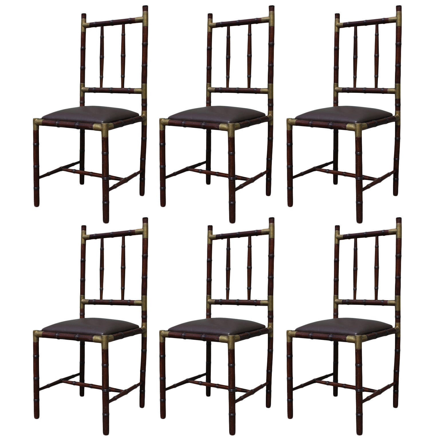 Modern Set of Six Faux Bamboo Dining Chairs with Brass Accents