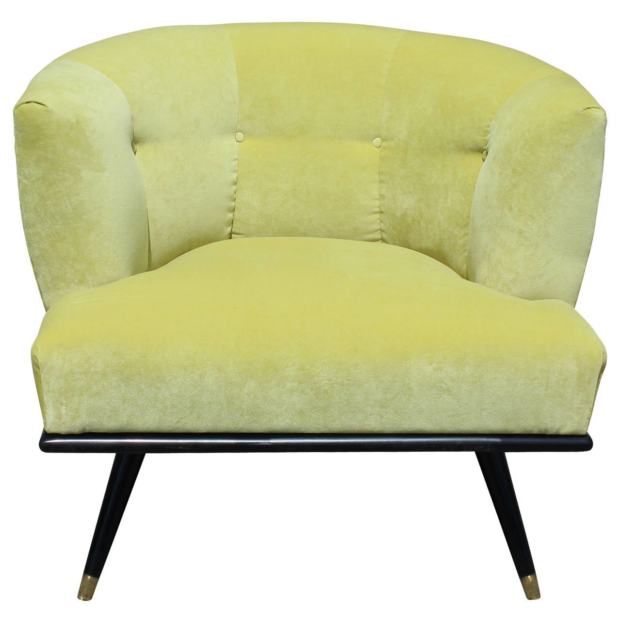 Wonderful side armchair freshly upholstered in a lime or chartreuse velvet. A glossy black lacquered base contrasts the upholstery. Brass caps accent the tapered legs.