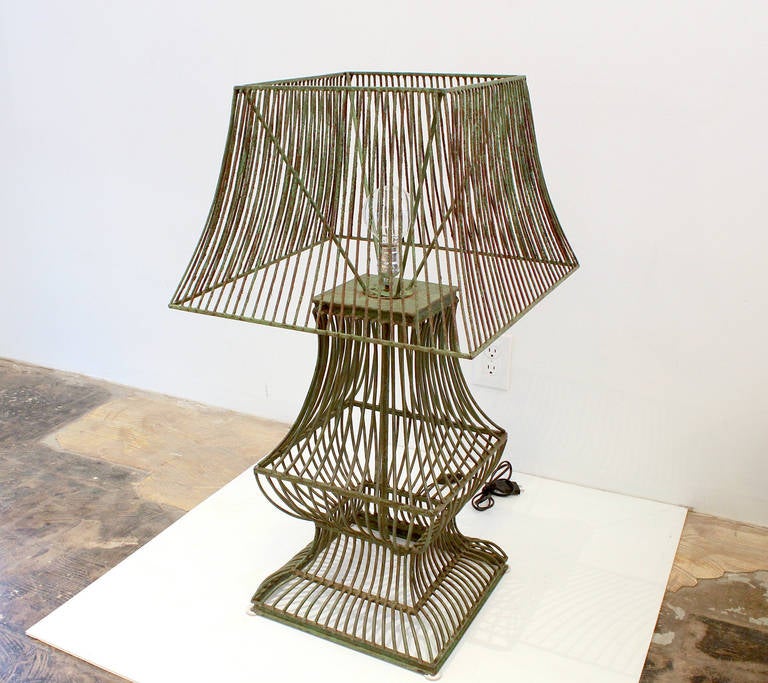 Metal Unique Green Patinated Wire Cage Frame Lamp