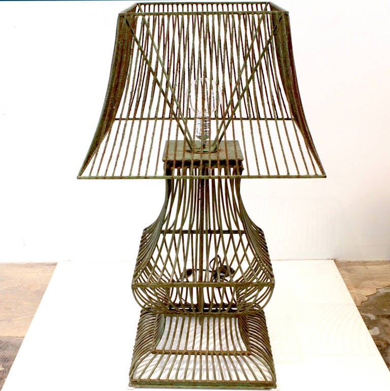 Beautiful patinated wire frame lamp. Gorgeous texture and shades of green throughout the fully patinated surface.