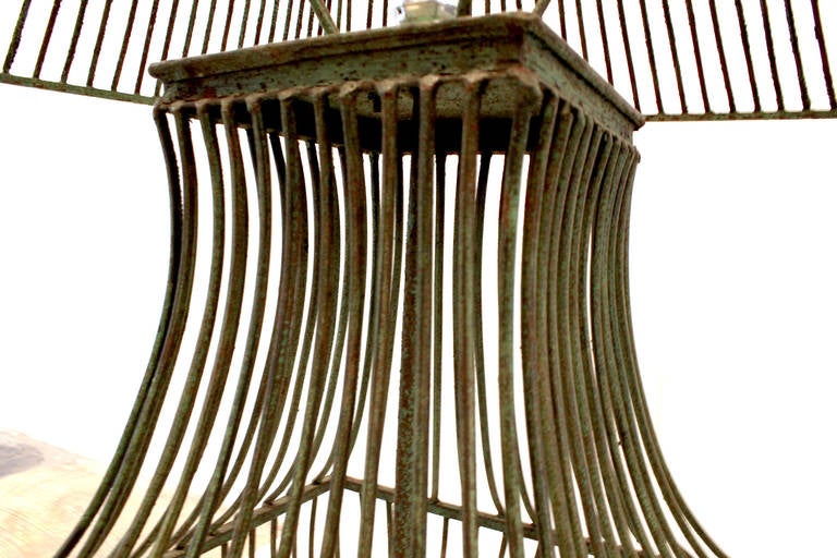 20th Century Unique Green Patinated Wire Cage Frame Lamp
