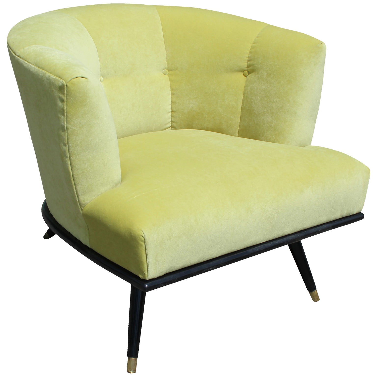 Modern Italian Style Barrel Back Chair in Green Velvet with Lacquered Base