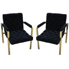 Seductive pair Of Polished Brass and Black Mohair Armchairs
