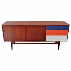 Bold Teak Sliding Door Sideboard with Lacquered Drawers