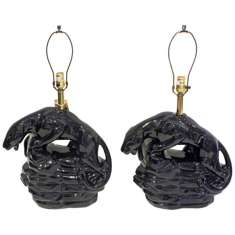 Stunning Pair Of Black Panther Ceramic Lamps