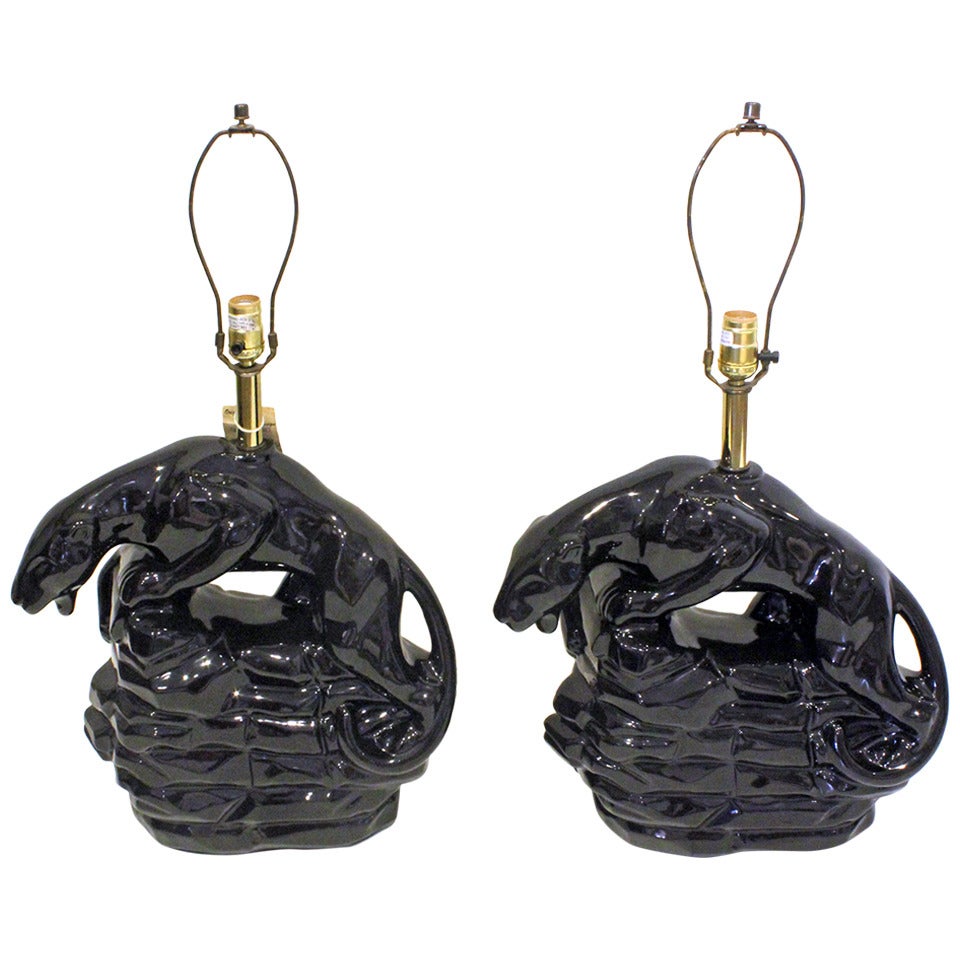 Stunning Pair of Black Panther Ceramic Lamps
