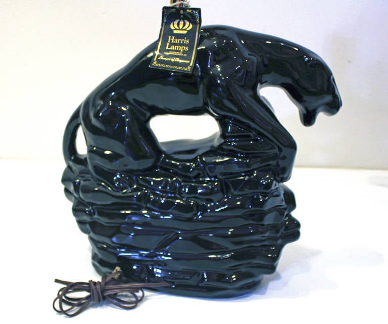 American Stunning Pair of Black Panther Ceramic Lamps