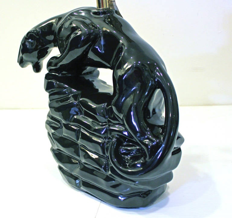 Stunning Pair of Black Panther Ceramic Lamps In Excellent Condition In Houston, TX
