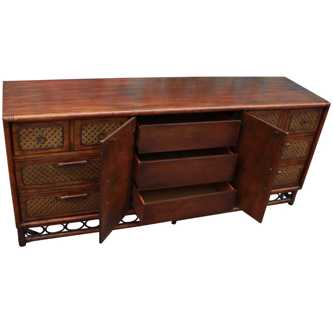 Mid Century Modern Faux Bamboo and Cane Campaign Dresser For Sale at 1stdibs