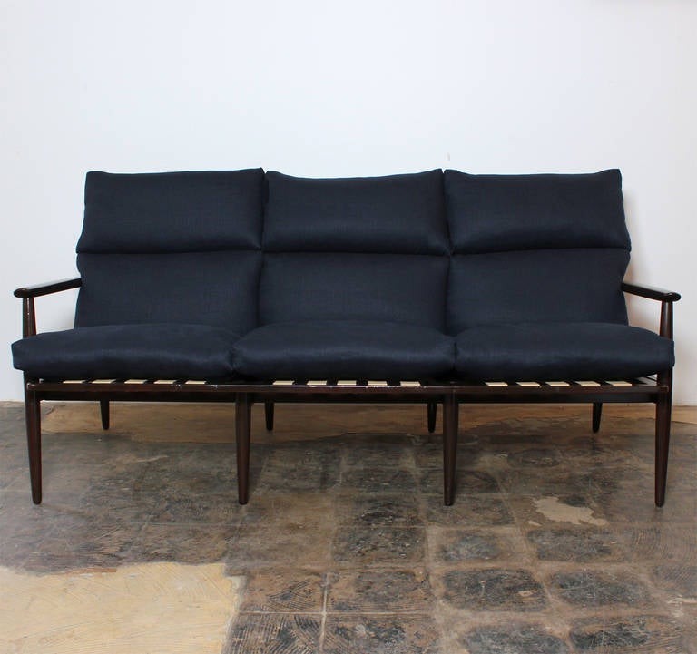 Elegant Restored Blue Linen and Walnut Sofa