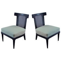 Sleek Pair Of Restored Ebonized Cane Back Slipper Chairs