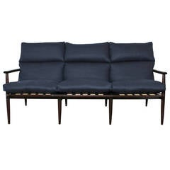Elegant Restored Blue Linen and Walnut Sofa