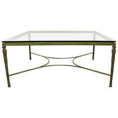 Giacometti Style Glass and Iron Table wIth Green Patina