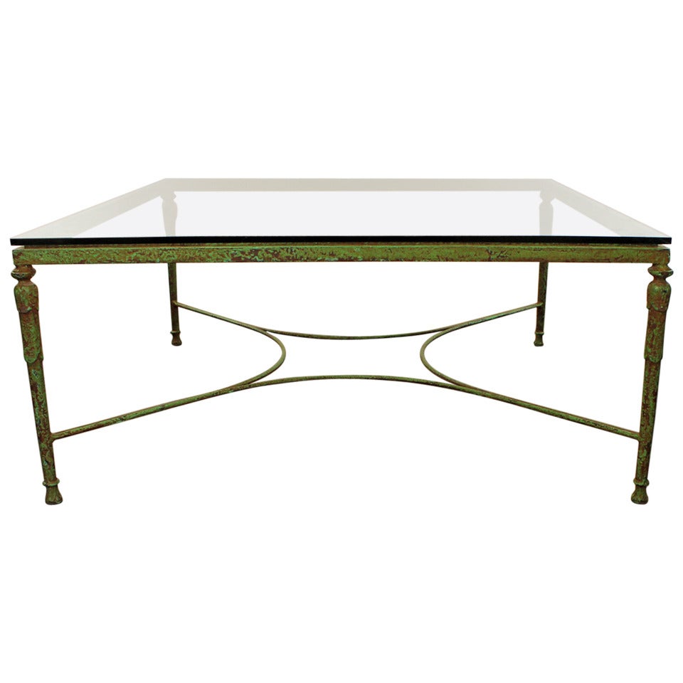 Giacometti Style Glass and Iron Table wIth Green Patina