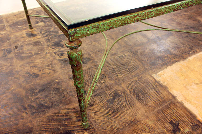 Unknown Giacometti Style Glass and Iron Table wIth Green Patina