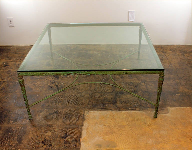 Other Giacometti Style Glass and Iron Table wIth Green Patina