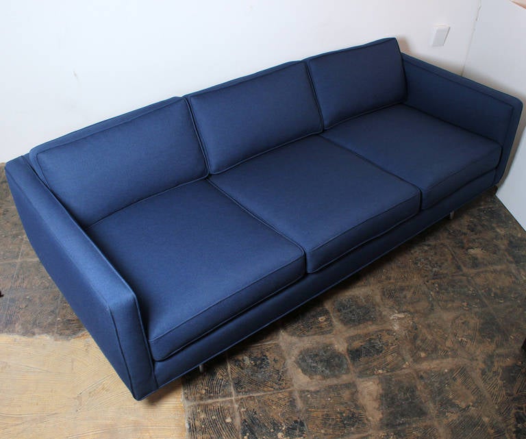 American Navy Blue Restored Milo Baughman Tuxedo Even Arm Sofa