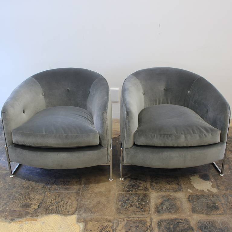 Great Pair of restored barrel back chrome base Milo Baughman chairs for Thayer Coggin. Reupholstered in a supple grey Velvet.