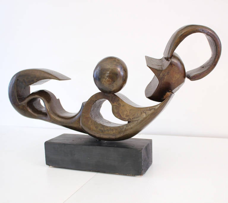 Impressive and heavy abstract bronze sculpture painted wooden base by Drago Marin Cherina (b.1949) Croatia.