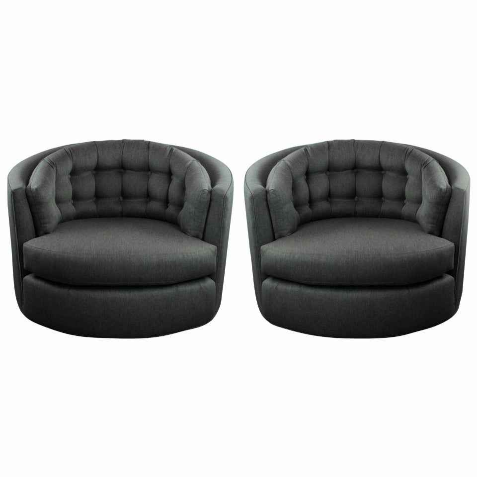 Tufted Pair of Milo Baughman Barrel-Back Swivel Chairs