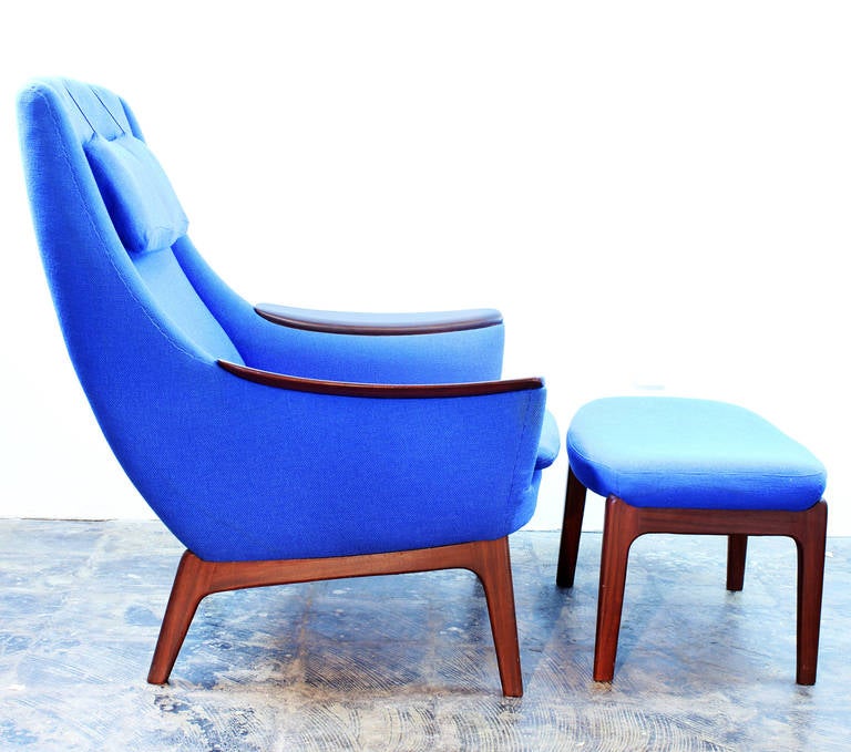 Graceful original lounge chair and ottoman by LK Hjelle made in Norway. Fabric is original and could use a good cleaning, but updated upholstery is recommended.  Teak arms and legs accent the chair, headrest is removable. Possibly by Gerhard Berg.