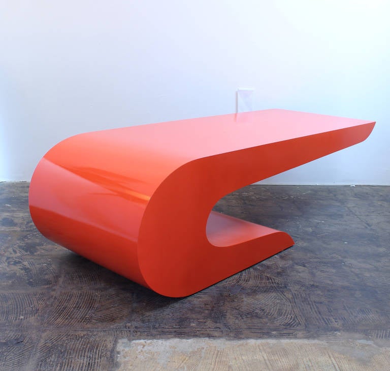 Mid-Century Modern Bold Cantilevered Coffee Table in Orange Lacquer