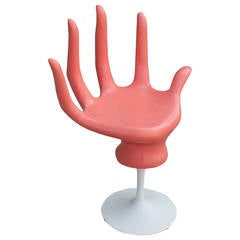 Retro Whimsical Mid Century Modern Swivel Hand Chair in Coral and White Lacquer