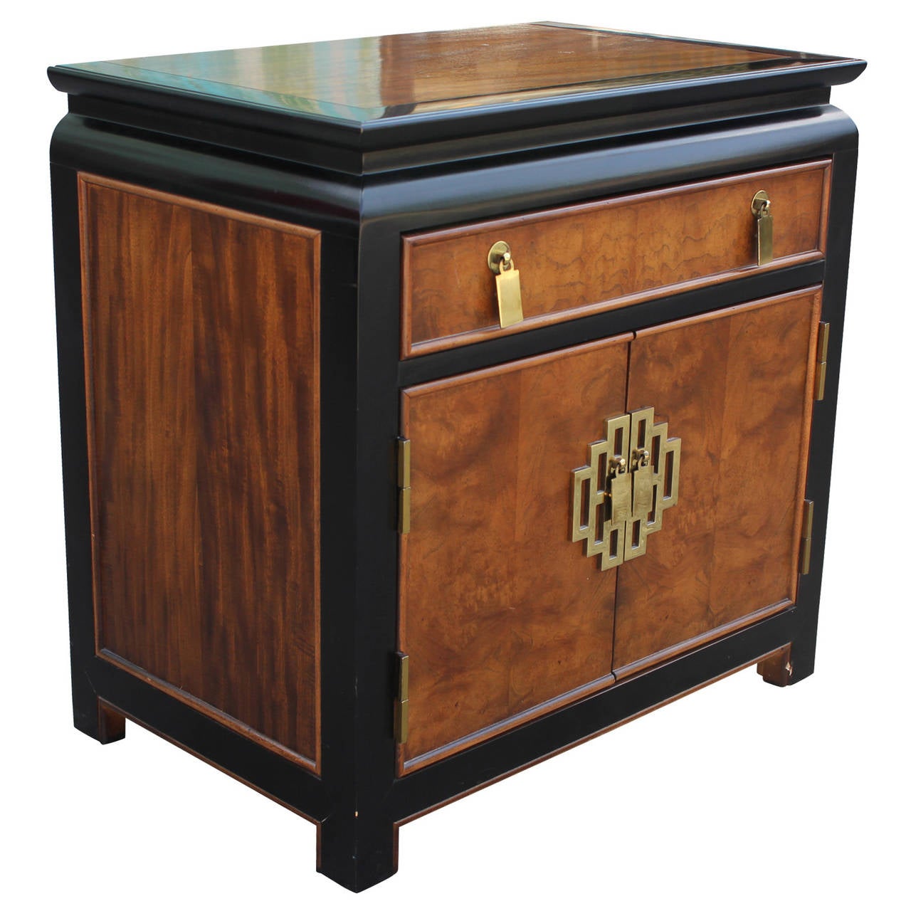 Wonderful pair of two-tone night stands or small chests Century Furniture Company. High gloss finish. Geometric brass hardware gives the piece an Asian look. Great as end tables or night stands. Excellent vintage condition. Retains labels.