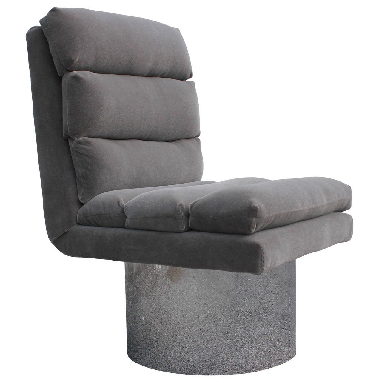 Pair of Modern Chrome Base and Grey Mohair Swivel Lounge Chairs In Excellent Condition In Houston, TX