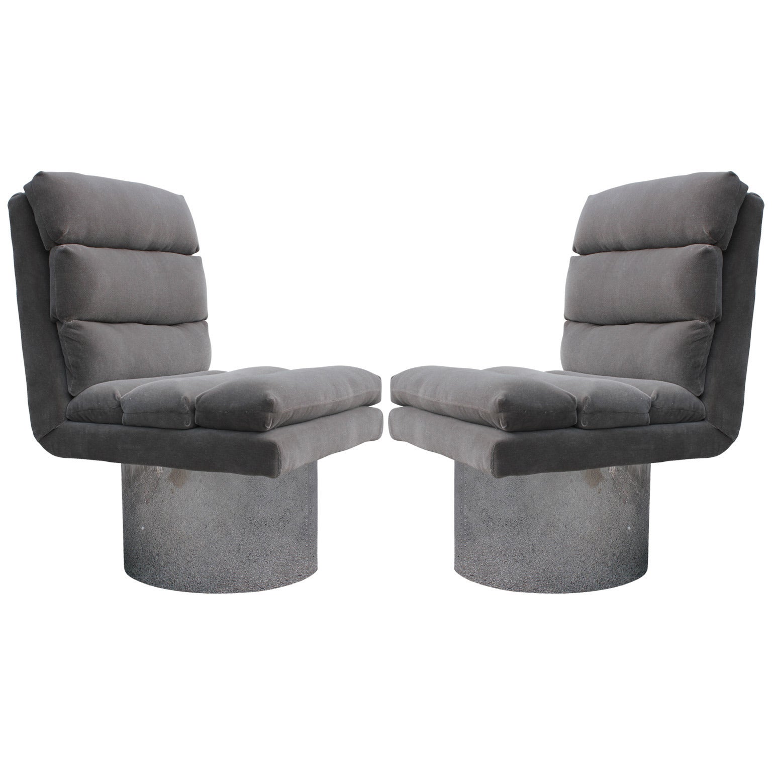 Pair of Modern Chrome Base and Grey Mohair Swivel Lounge Chairs