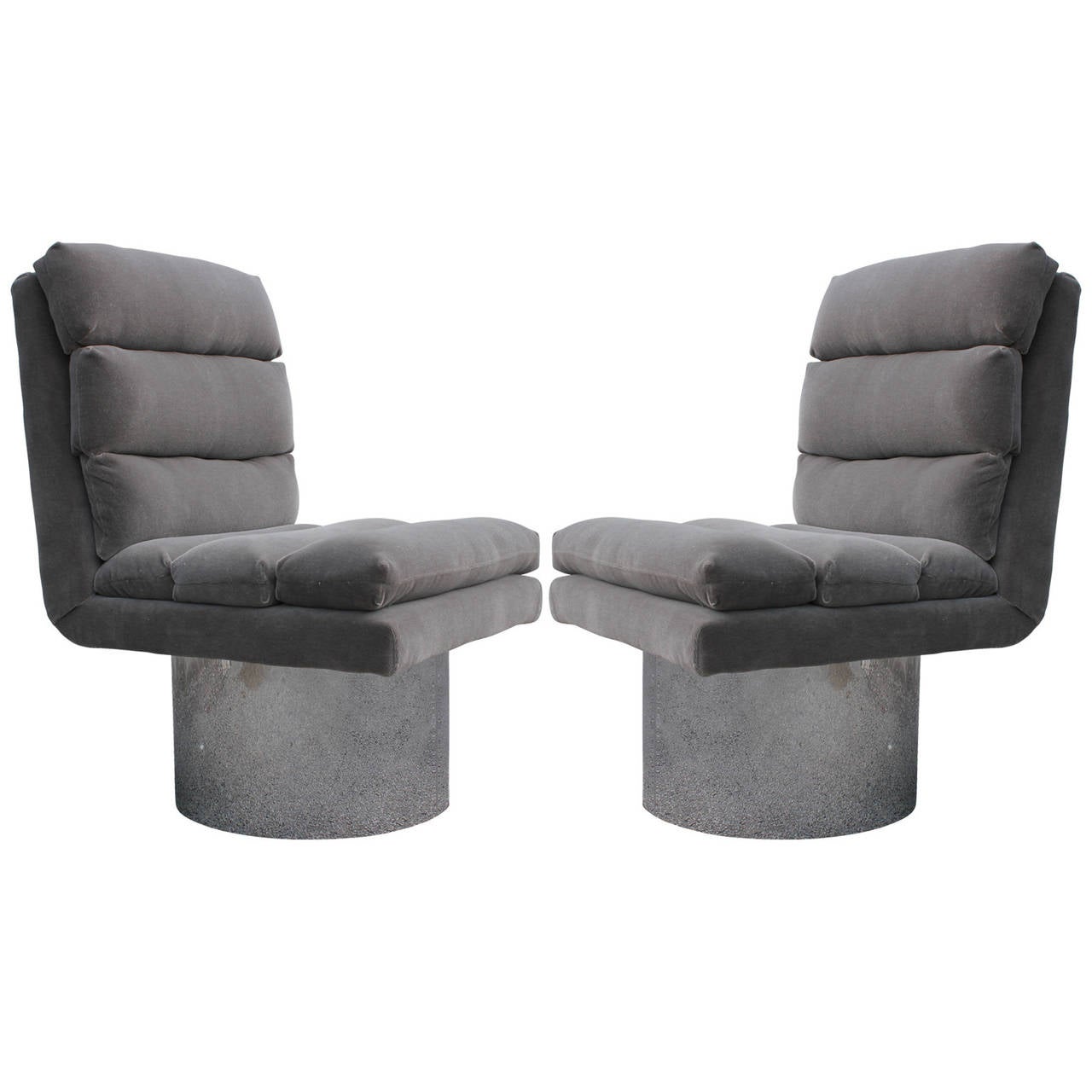 Pair of Modern Chrome Base and Grey Mohair Swivel Lounge Chairs For