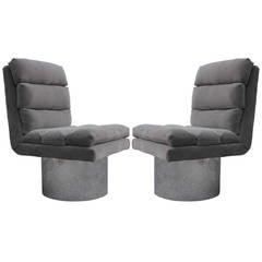 Pair of Modern Chrome Base and Grey Mohair Swivel Lounge Chairs 11