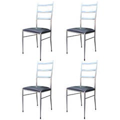 Set of Four Modern Chrome Ladder, Back Dining Chairs in the Style of Gio Ponti