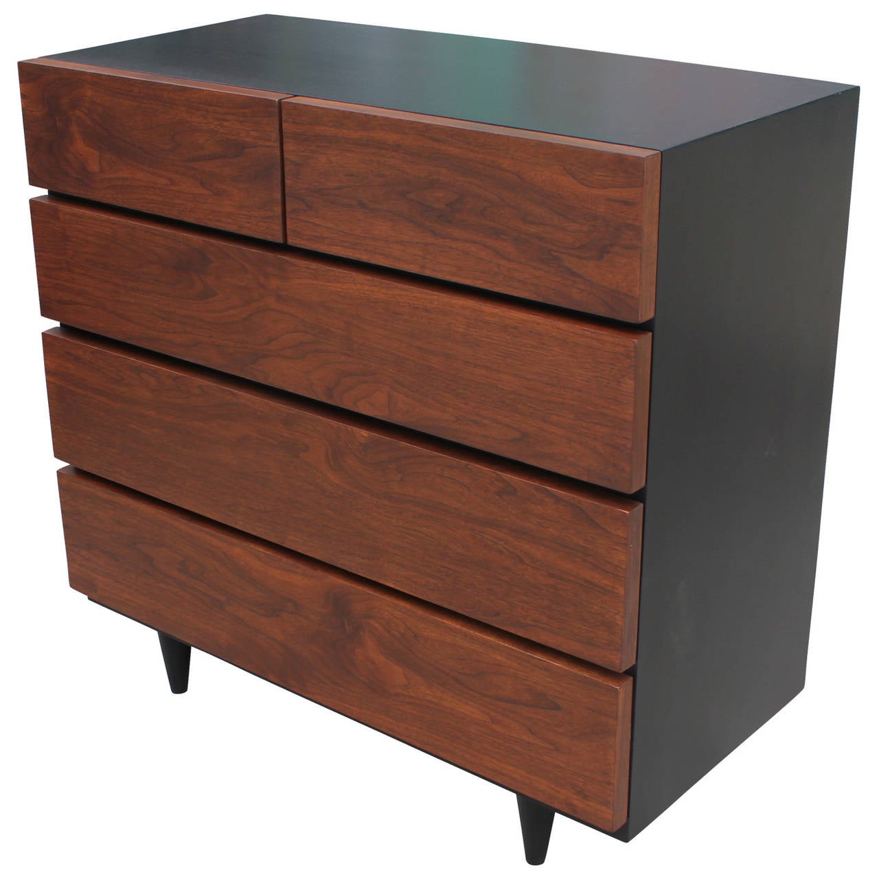 Clean lined dresser by American of Martinsville. Dresser drawers are finished in walnut while the case is finished in a dark ebony. Five drawers provide excellent storage. Matching dresser available.