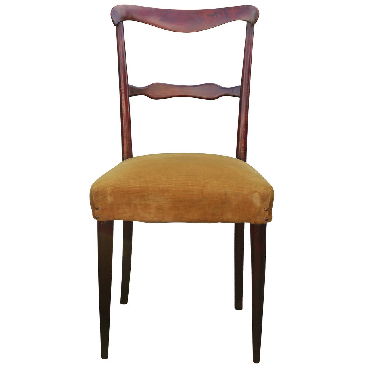 Elegant set of six Italian dining chairs. Chairs have wonderful curved lines and are finished in a dark walnut. Chairs retain original yellow upholstery which needs replacing. The chairs are in good original condition. They can be refinished and