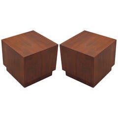 Pair of Mid Century Modern Minimalist Walnut Cube Side Tables