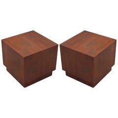 Pair of Mid Century Modern Minimalist Walnut Cube Side Tables 