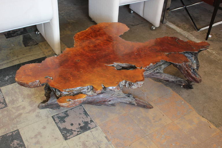 Gorgeous live edge burl root table. An interesting antique metal support off an old ship slides into place on one side. Table has a great patina to and is beautiful in person. Possibly Redwood.