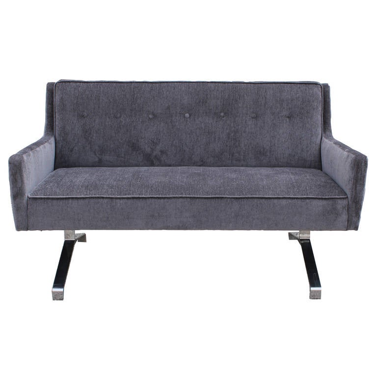 Sleek Grey velvet and chrome floating loveseat / settee. New Upholstery ready to go. Slim profile and very lux.